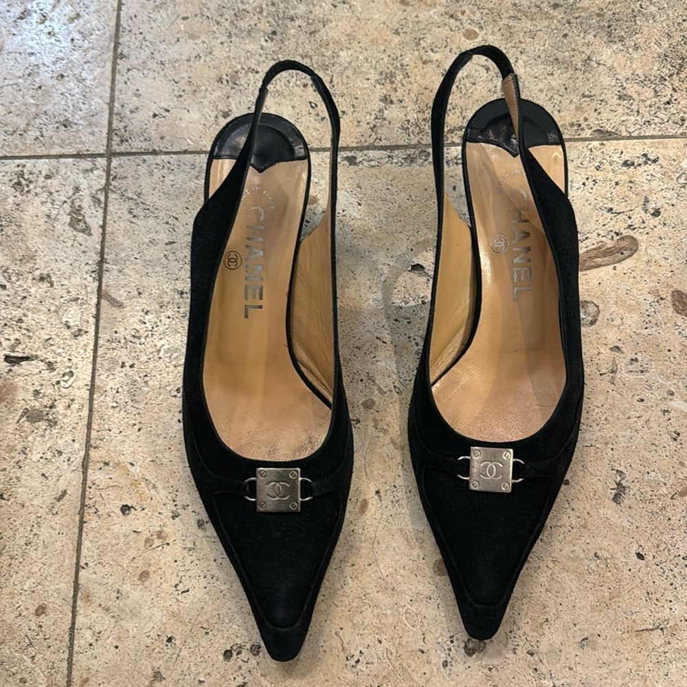 Chanel sling back suede black shoes